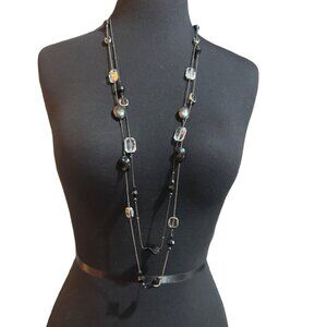 Long Black & Clear Beaded Multi Strand Necklace With Adjustable Chain